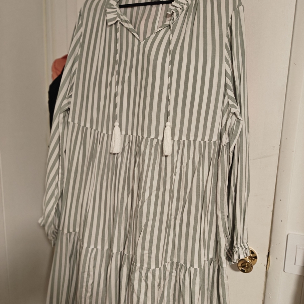 dip Green and White Striped Long Sleeve Dress